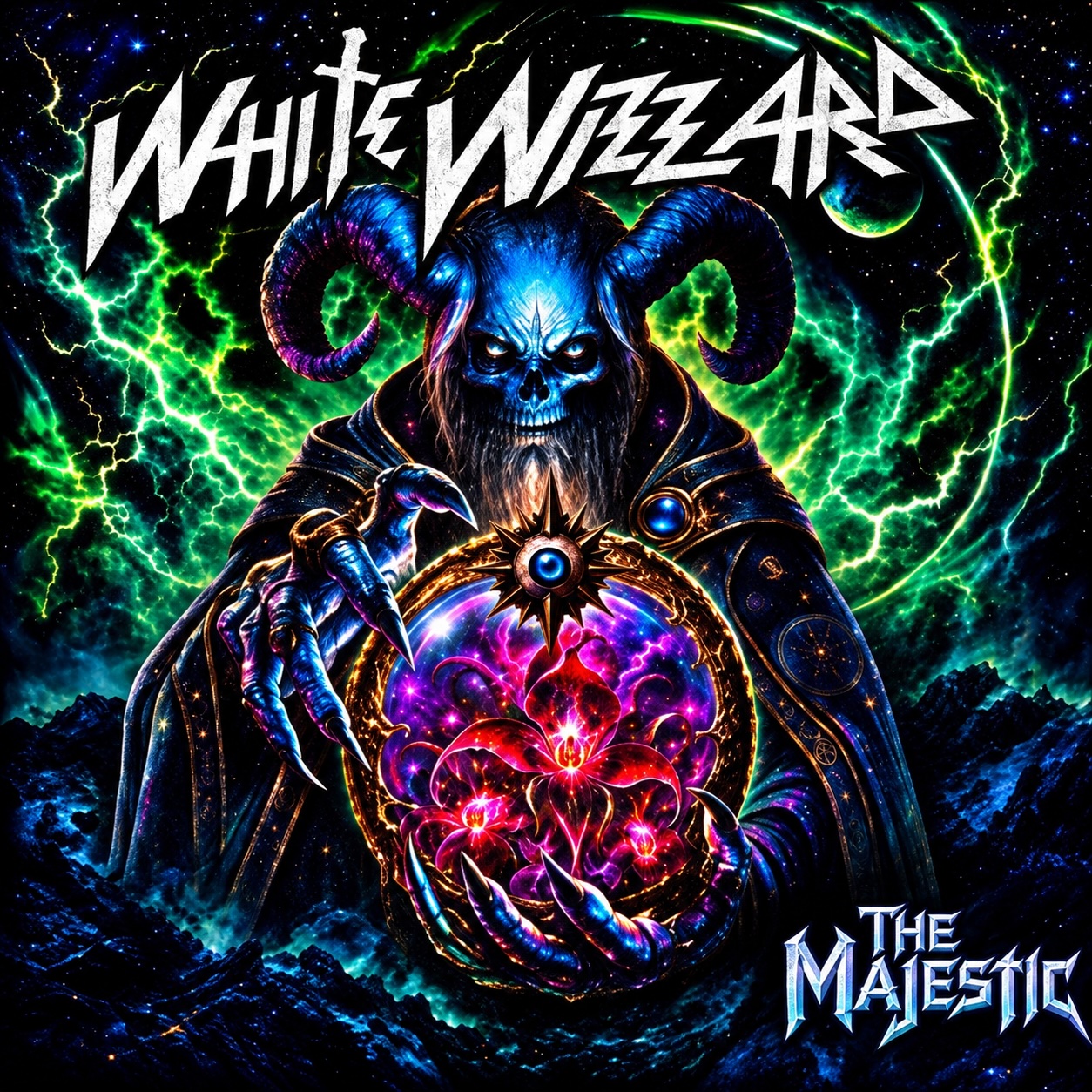 The Majestic artwork: a horned cosmic wizzard holding glowing orchids amid green lightning